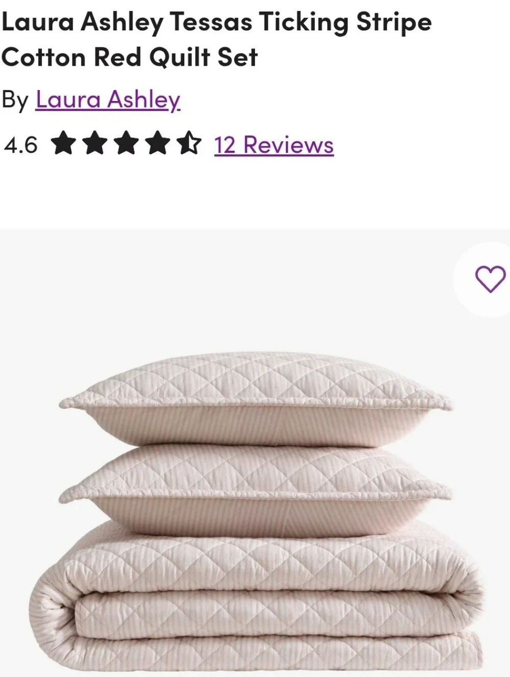 Laura Ashley Quilt Shams Set Tessas Ticking Stripe Medium Mauve Full/Queen NEW